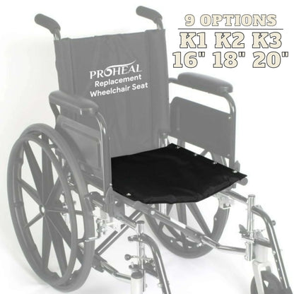 Wheelchair with ProHeal replacement wheelchair seat on a white background


