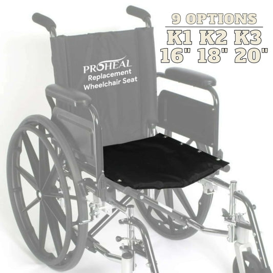 Wheelchair with ProHeal replacement wheelchair seat on a white background

