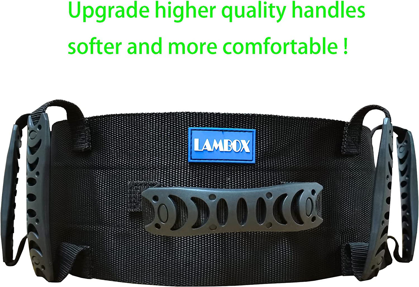 Black bag with 'LAMBOX' logo and text about handle quality on a white background

