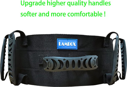 Black bag with 'LAMBOX' logo and text about handle quality on a white background

