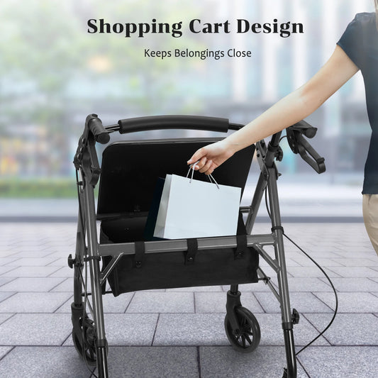Person using a rollator with a bag attached, on a blurred street background.

