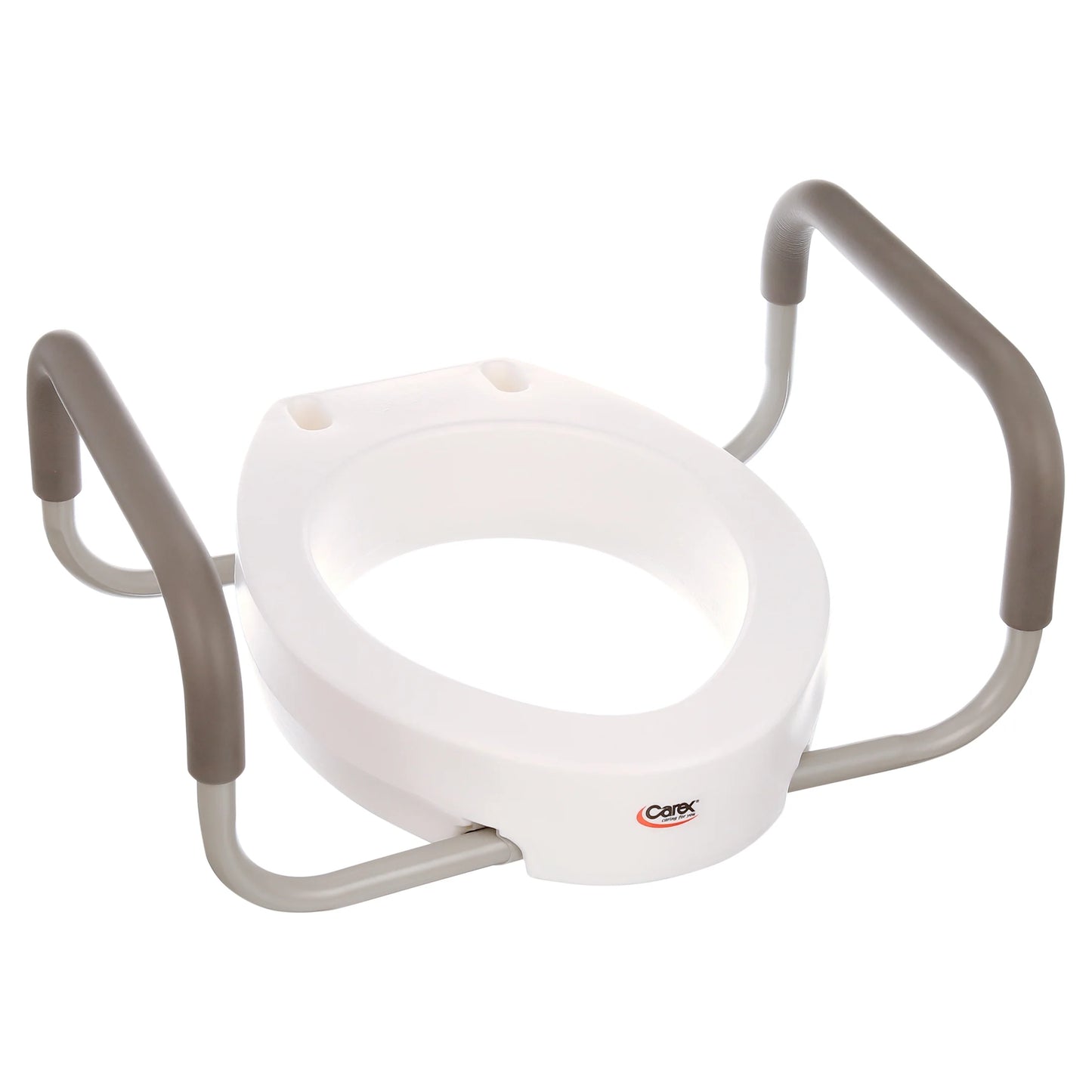 Carex raised toilet seat with 3.5-inch boost and removable padded handles. Fits standard elongated toilets and supports up to 250 lbs.
