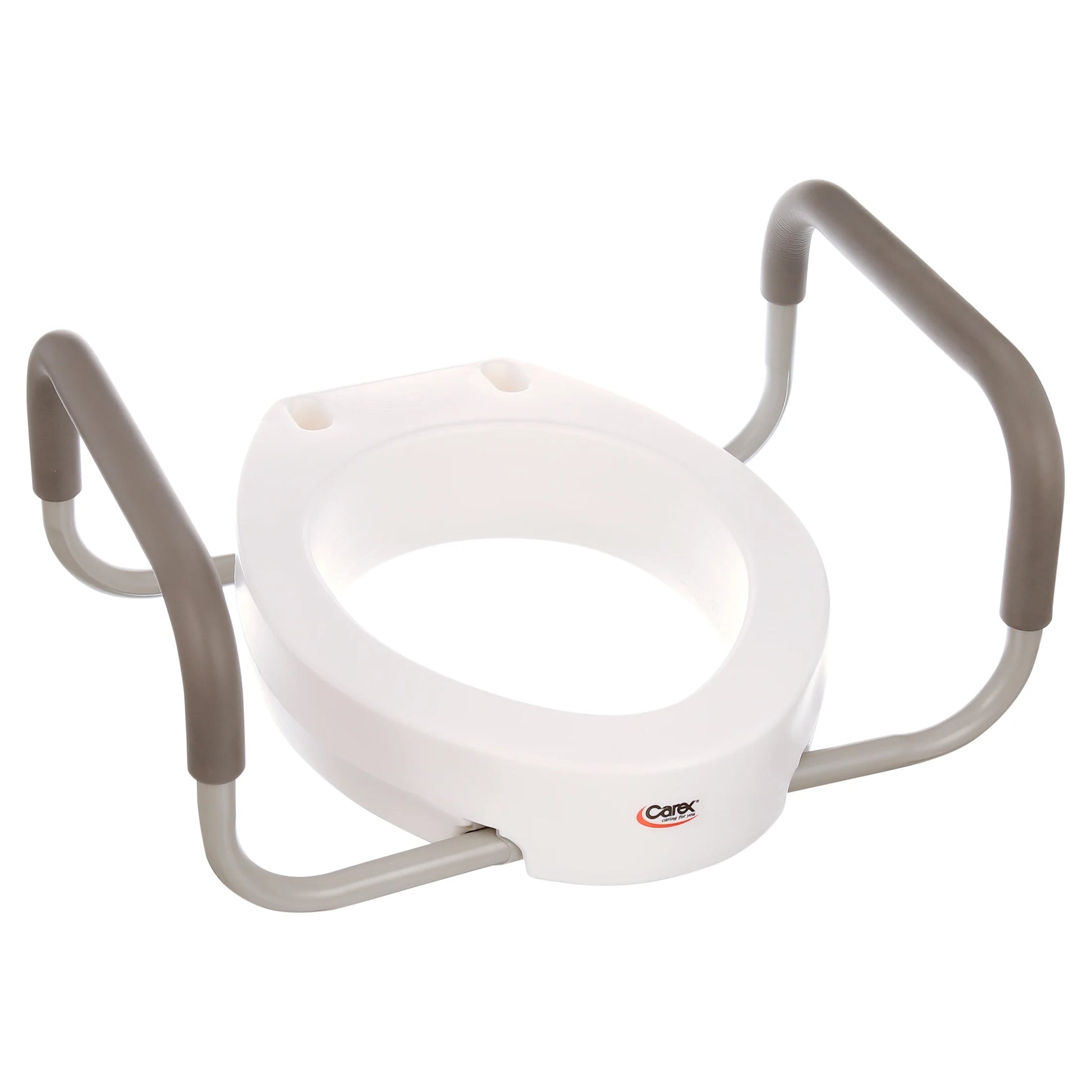 Carex raised toilet seat with 3.5-inch boost and removable padded handles. Fits standard elongated toilets and supports up to 250 lbs.