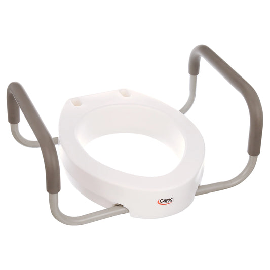 Carex raised toilet seat with 3.5-inch boost and removable padded handles. Fits standard elongated toilets and supports up to 250 lbs.