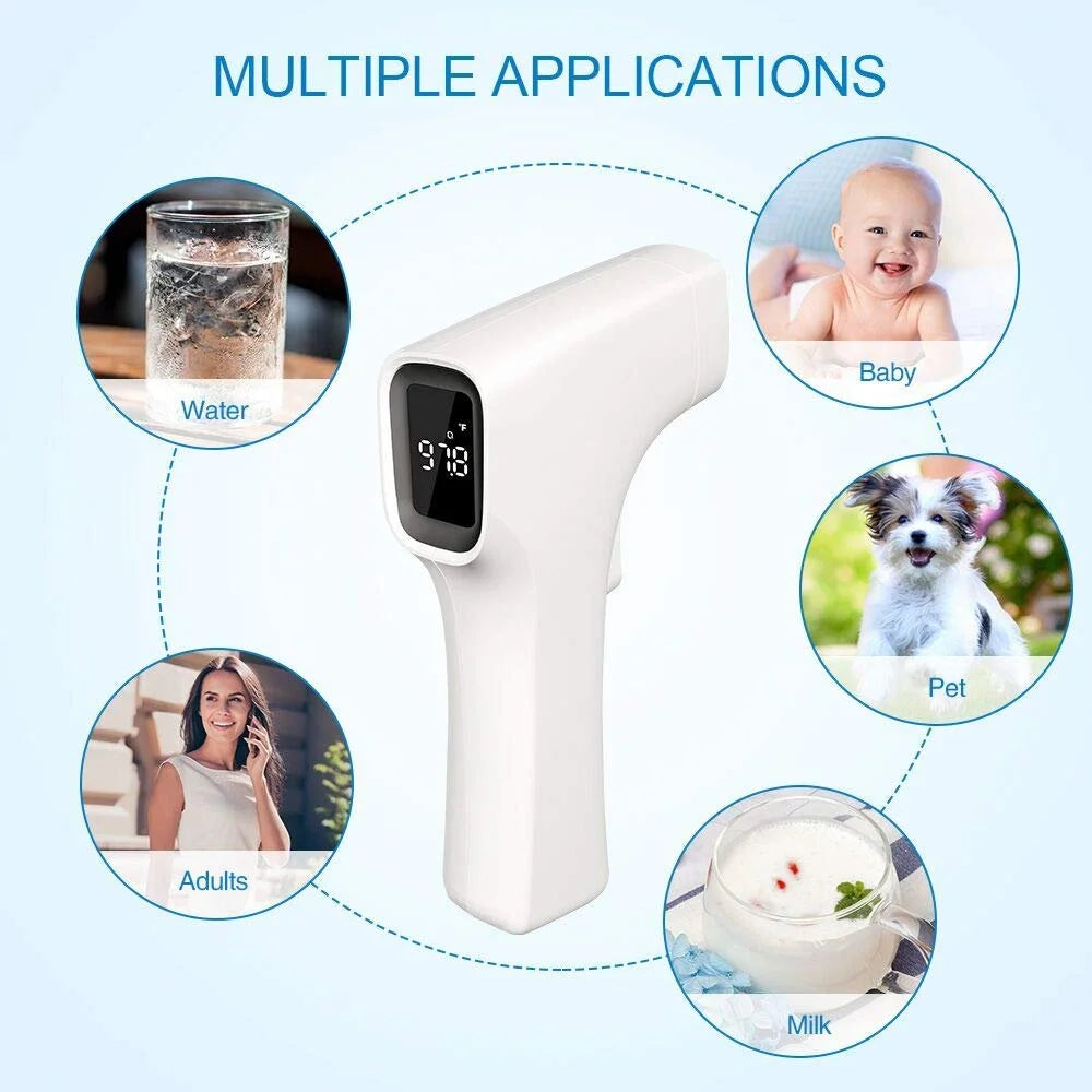Infrared thermometer with multiple applications shown around it on a light blue background