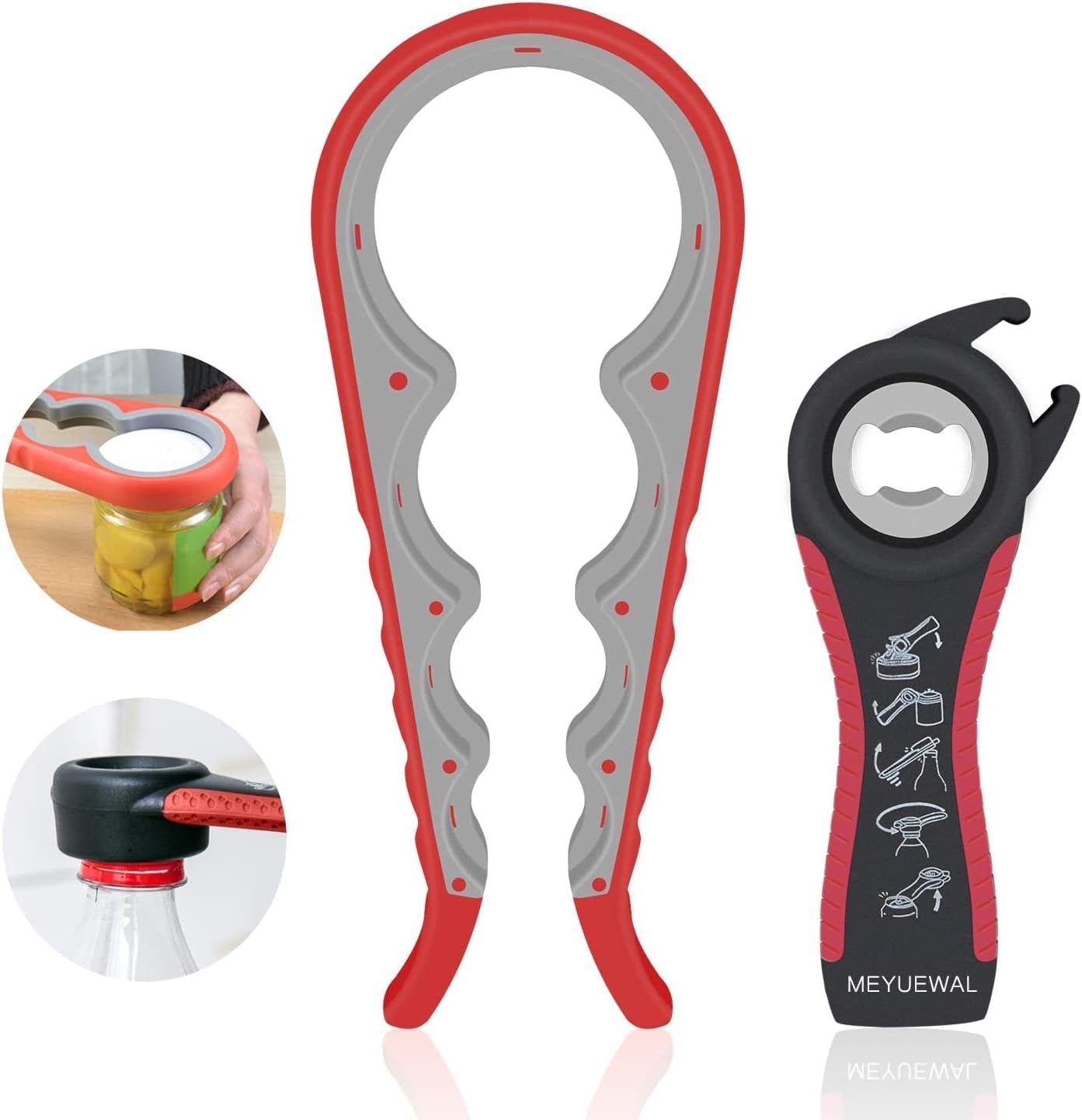 Multifunctional tool with red and gray design on a white background