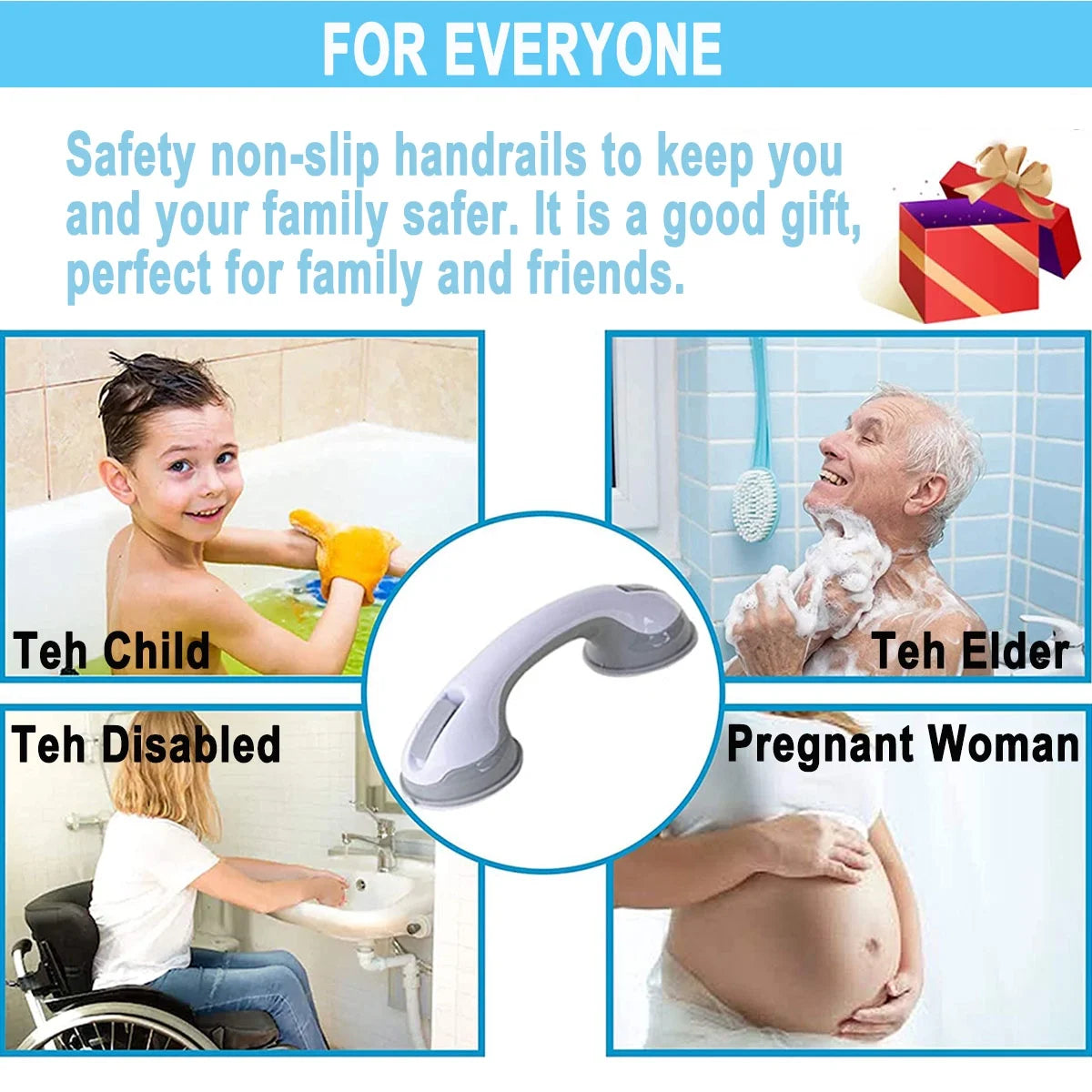 Safety non-slip handrails for various users including children, elders, disabled, and pregnant women with text and images.

