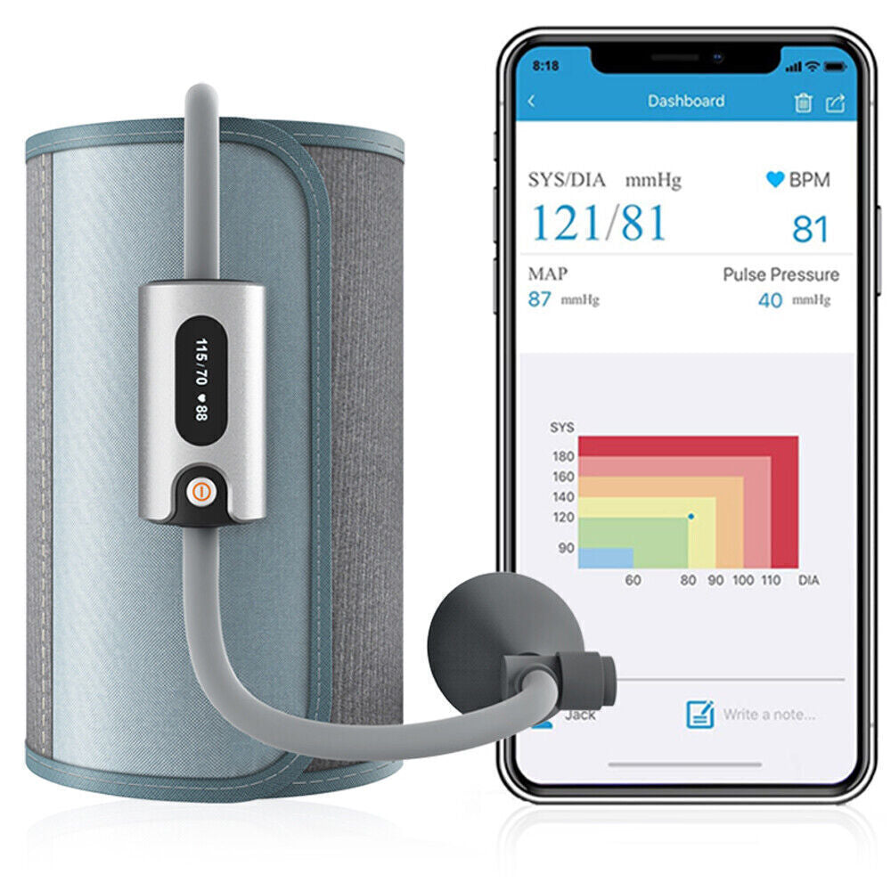 Blood pressure monitor with smartphone displaying blood pressure readings on a white background

