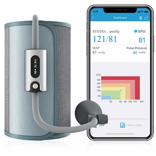 Blood pressure monitor with smartphone displaying blood pressure readings on a white background

