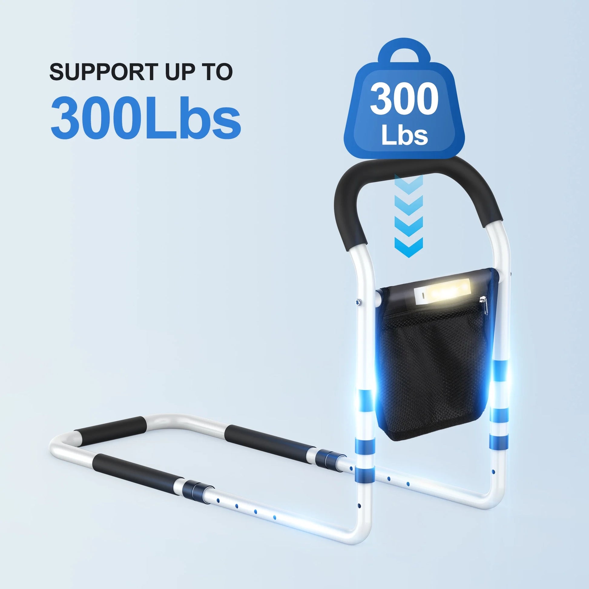 Step stool with handrails and a weight indicator showing it supports up to 300 lbs on a light blue background.