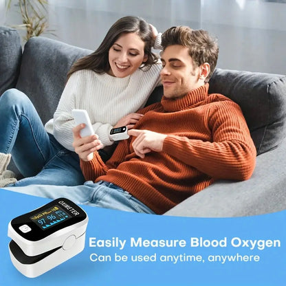 Two people sitting on a couch using a blood oxygen monitor with text overlay.

