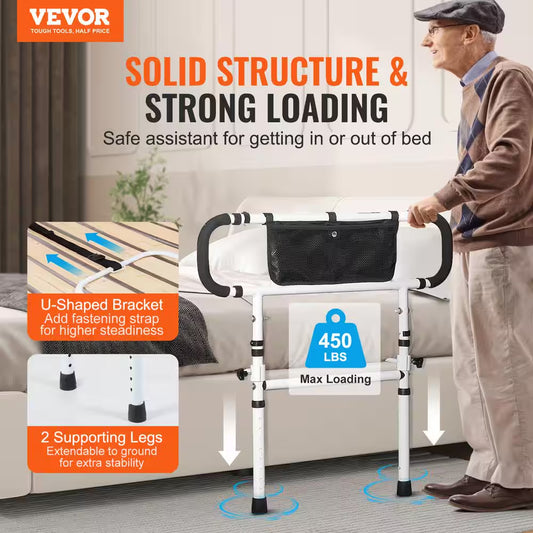 Vevor bed assist rail with features highlighted, including solid structure, strong loading capacity, and safety benefits for elderly use.

