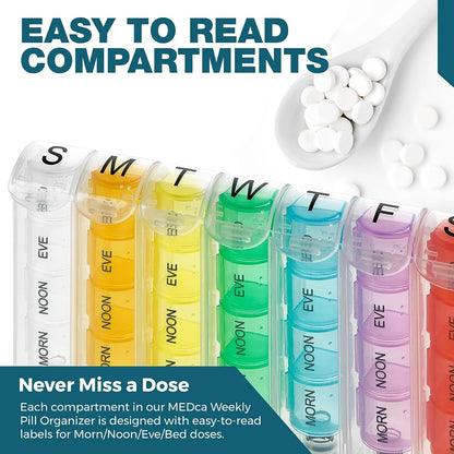 Weekly pill organizer with colored compartments labeled for different times of the day, featuring the text 'Easy to Read Compartments' and 'Never Miss a Dose'.

