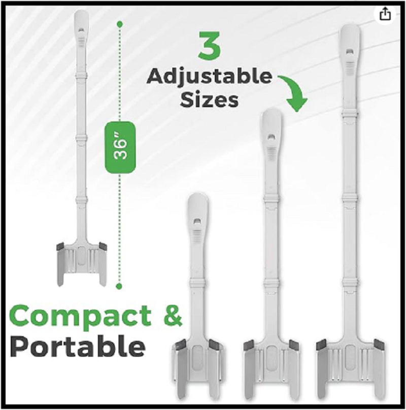 Set of adjustable shovels with three sizes shown, labeled '36”', 'Compact & Portable'.