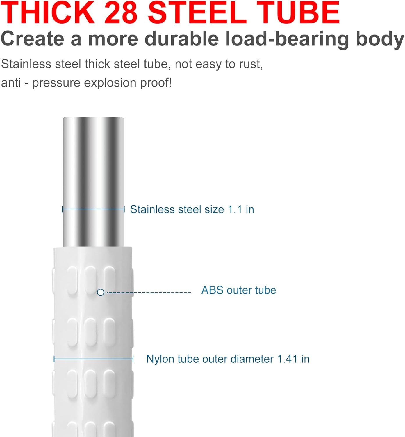 Stainless steel tube with dimensions labeled on a white background