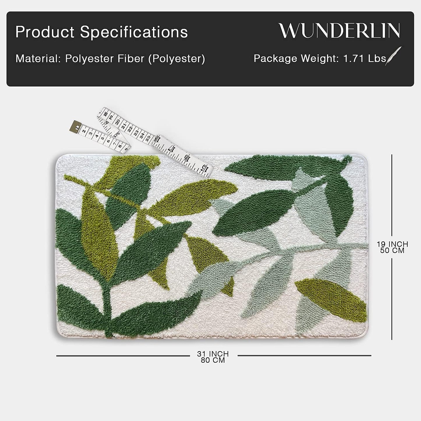 Wunderlin rug with leaf pattern and measurement details

