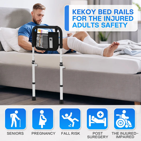 Kekoy bed rails for the injured adults safety with a person using them on a bed.