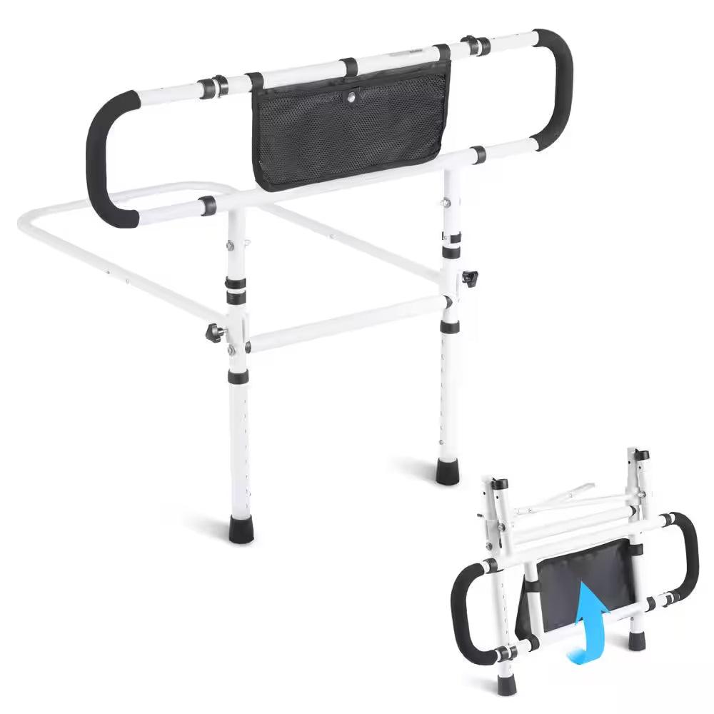 White bed rail with black handles and storage bag on a white background

