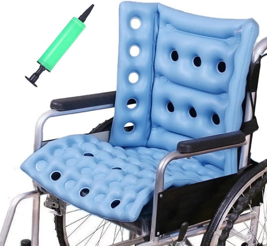 Blue wheelchair cushion with air pump on a white background


