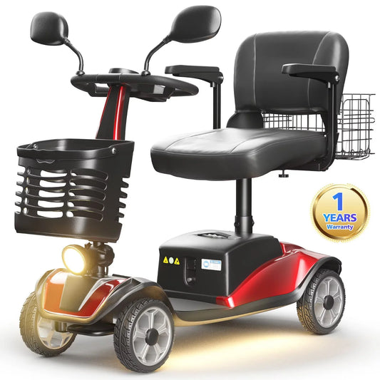 Red and black mobility scooter with a basket and seat on a white background, featuring a one-year warranty badge.