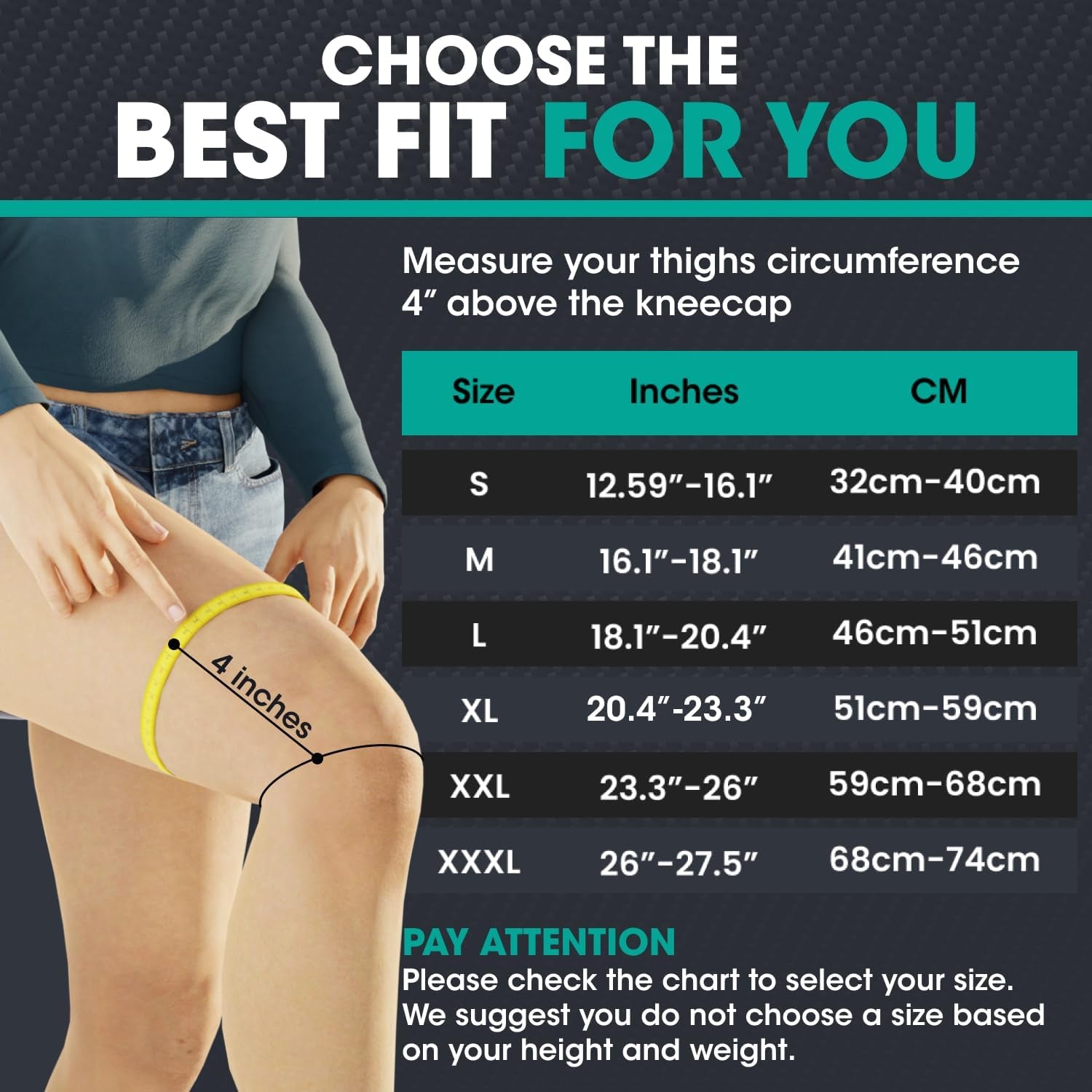 Measurement chart for selecting the correct size of a product, with a person's leg shown for reference.

