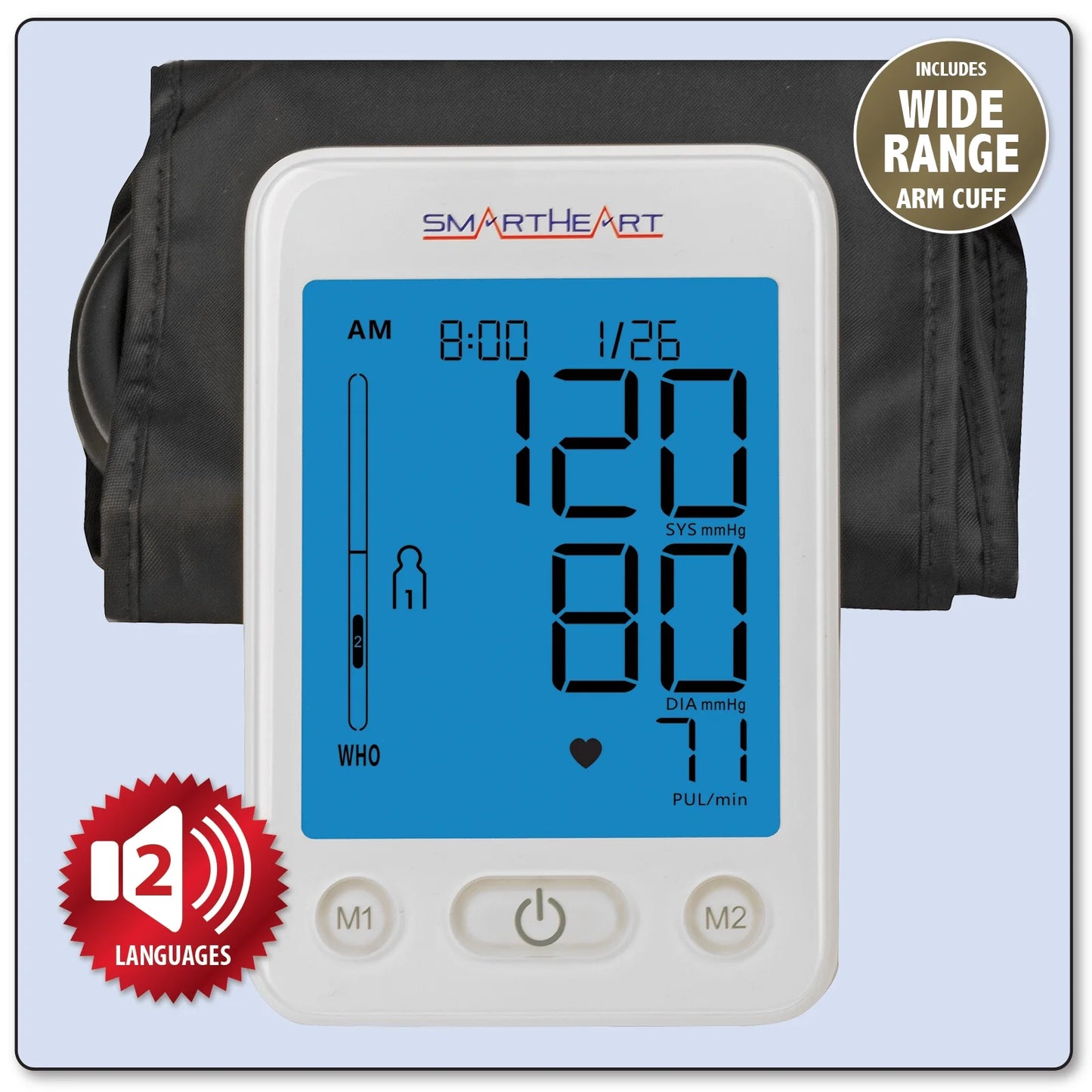 Digital blood pressure monitor with arm cuff on a light blue background
