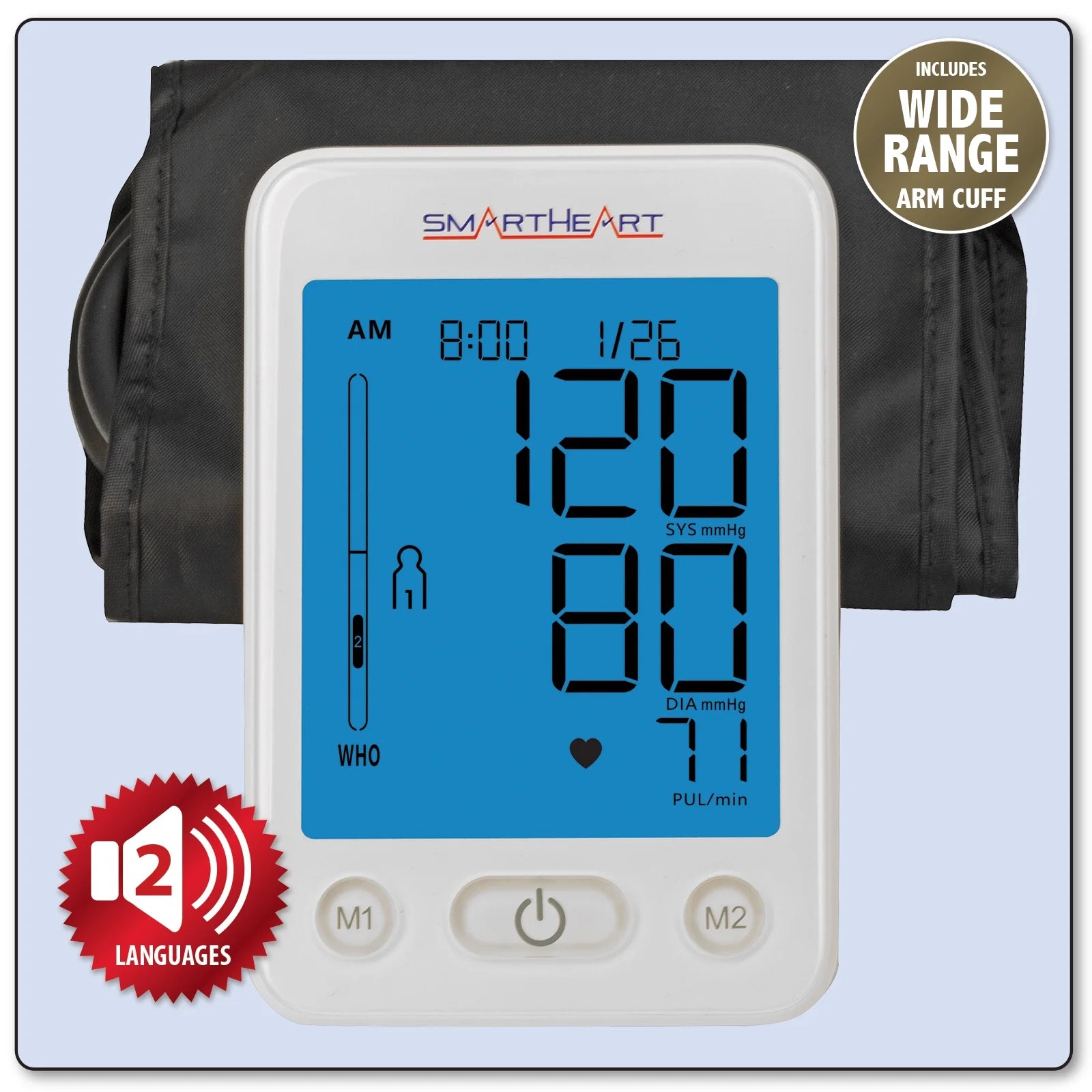 Digital blood pressure monitor with arm cuff on a light blue background