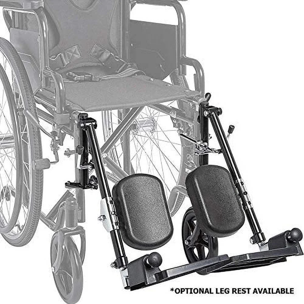 Wheelchair with optional leg rest attachment on a white background

