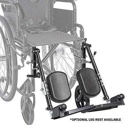 Wheelchair with optional leg rest attachment on a white background

