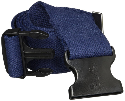 Blue belt with black buckle on a white background

