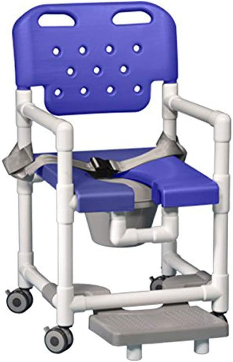 Mobility aid chair with blue seat and backrest on a white background


