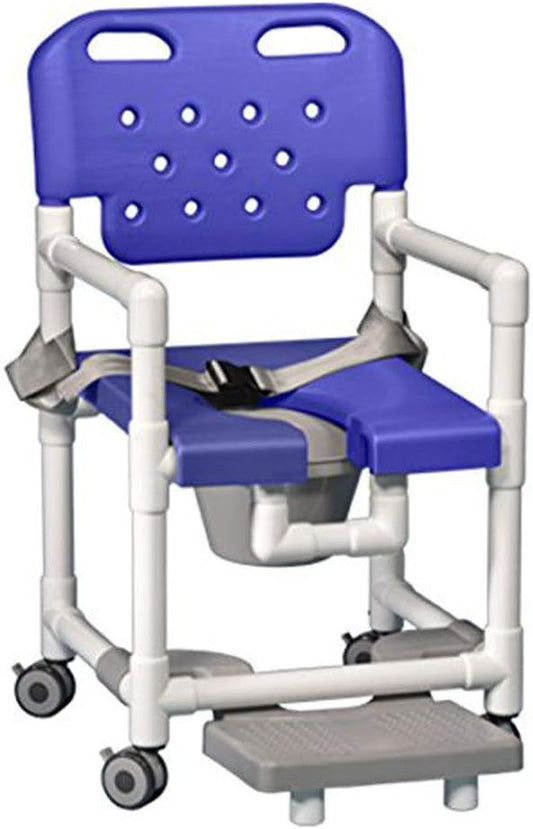 Mobility aid chair with blue seat and backrest on a white background

