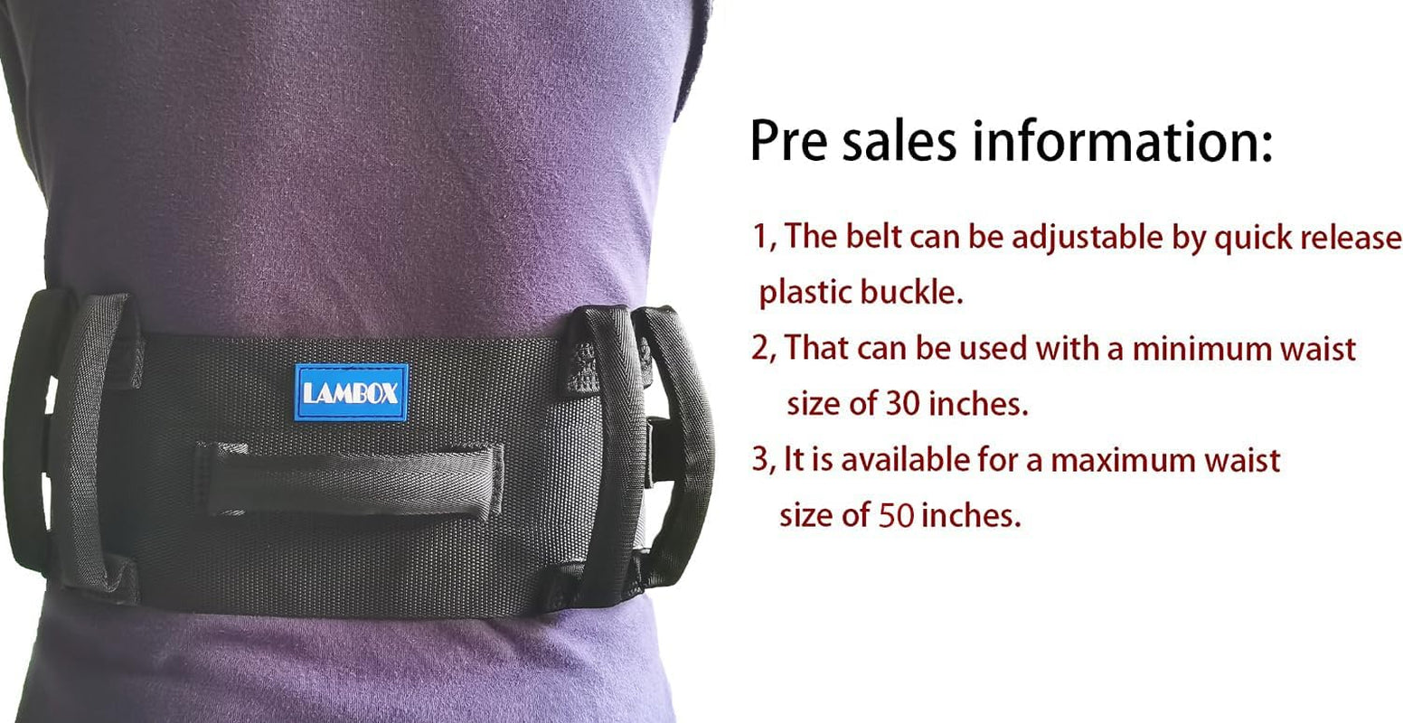 Black belt with quick-release plastic buckle on a person wearing a purple shirt, with text about pre-sales information.