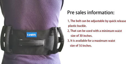 Black belt with quick-release plastic buckle on a person wearing a purple shirt, with text about pre-sales information.
