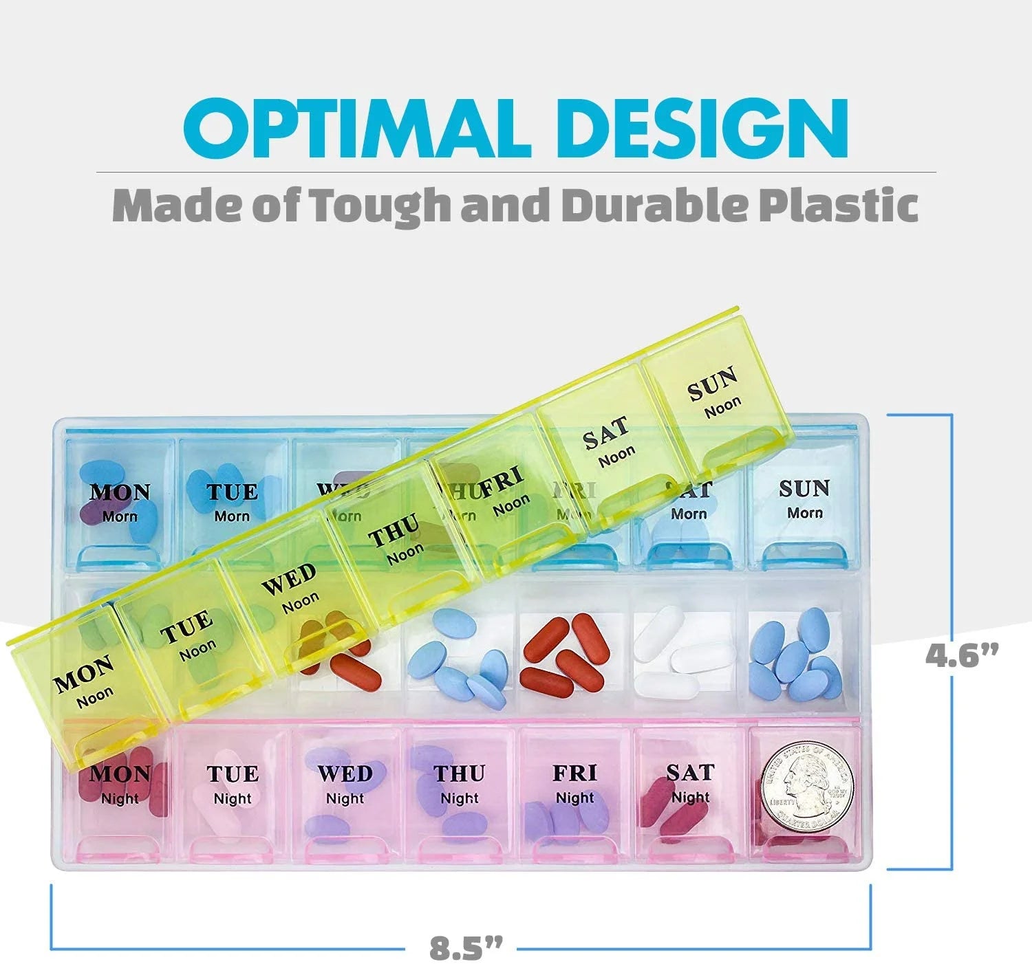 Weekly pill organizer with colorful compartments for different days of the week, showing an optimal design made of tough and durable plastic.

