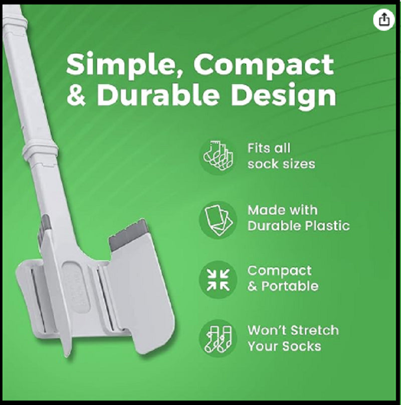 White sock cutter with green background and text highlighting features