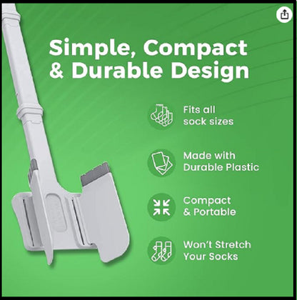 White sock cutter with green background and text highlighting features