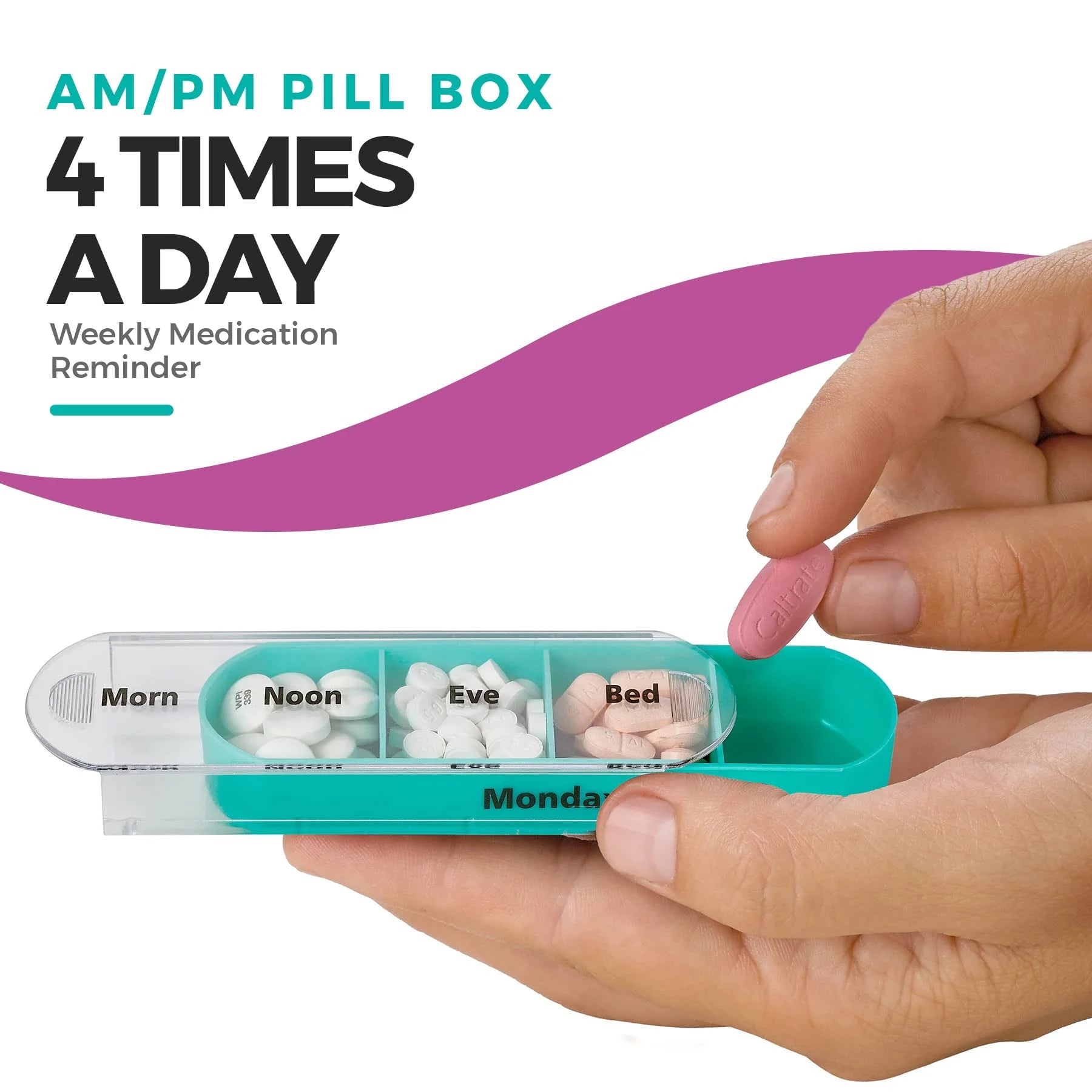 AM/PM pill box with a hand taking a pill, labeled for daily medication reminder.

