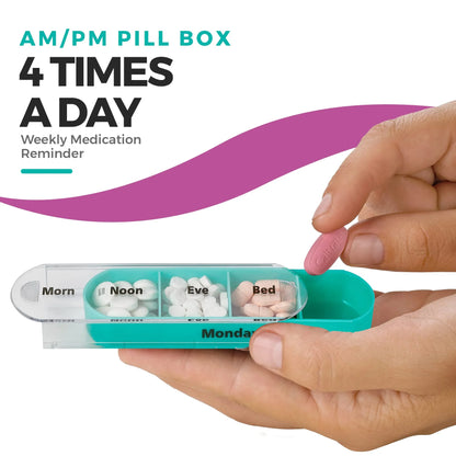AM/PM pill box with a hand taking a pill, labeled for daily medication reminder.

