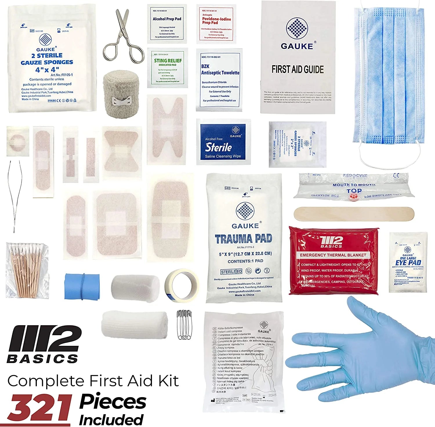 Collection of first aid supplies including bandages, scissors, and gloves on a white background with M12 Basics branding.

