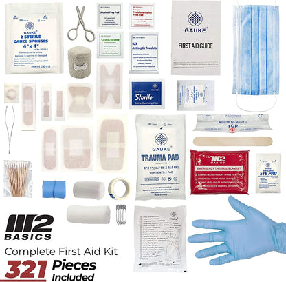 Collection of first aid supplies including bandages, scissors, and gloves on a white background with M12 Basics branding.

