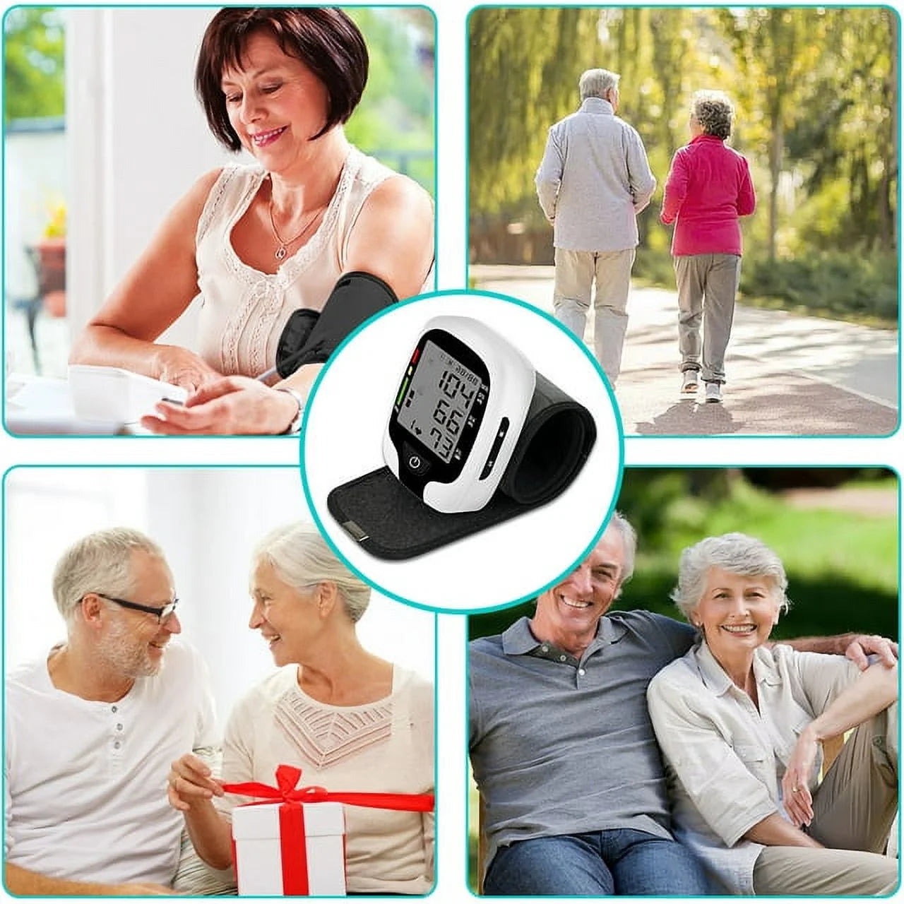 Collage of people using a blood pressure monitor with outdoor and indoor settings.


