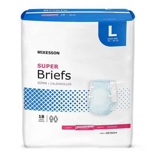 Super Briefs, Incontinence, Moderate Absorbency, Large, 18 Count, 4 Packs, 72 Total