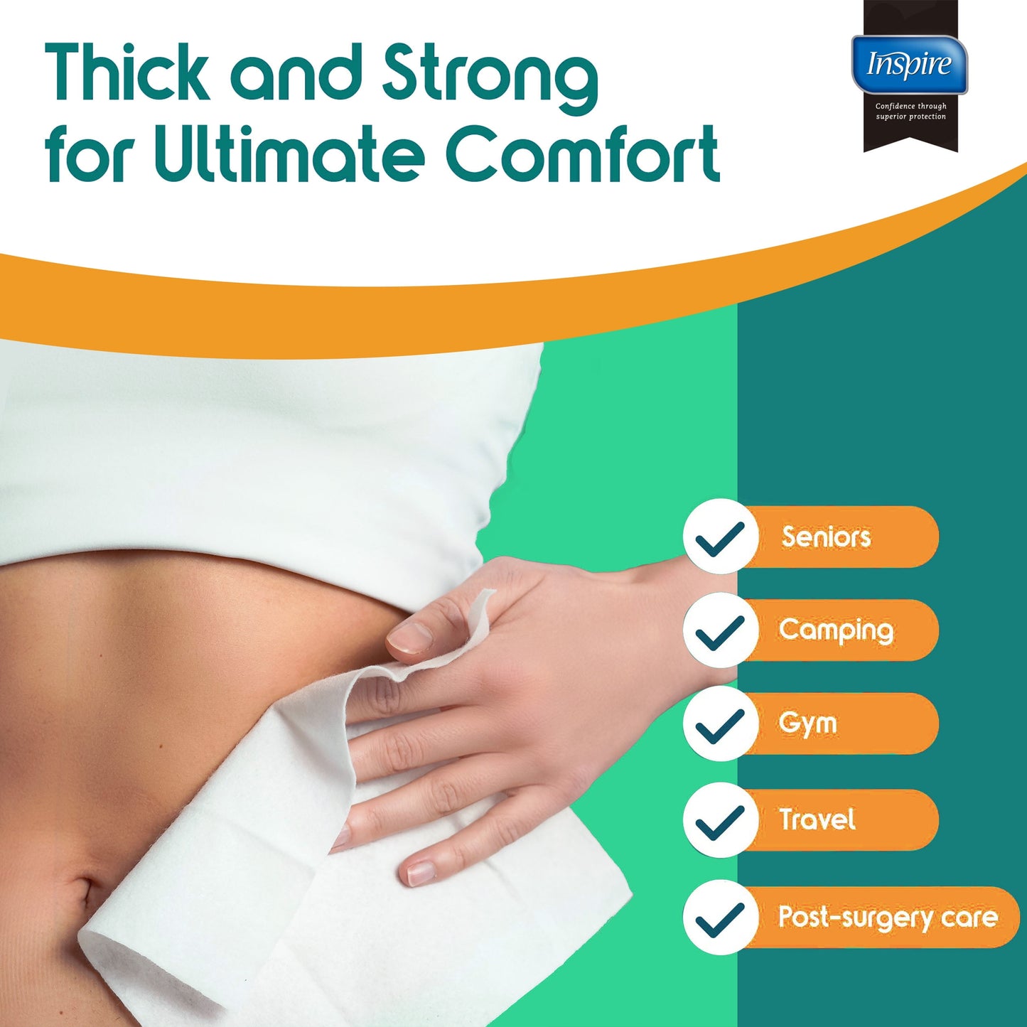 Product advertisement for thick and strong items with a person holding a towel, featuring the Inspire brand.