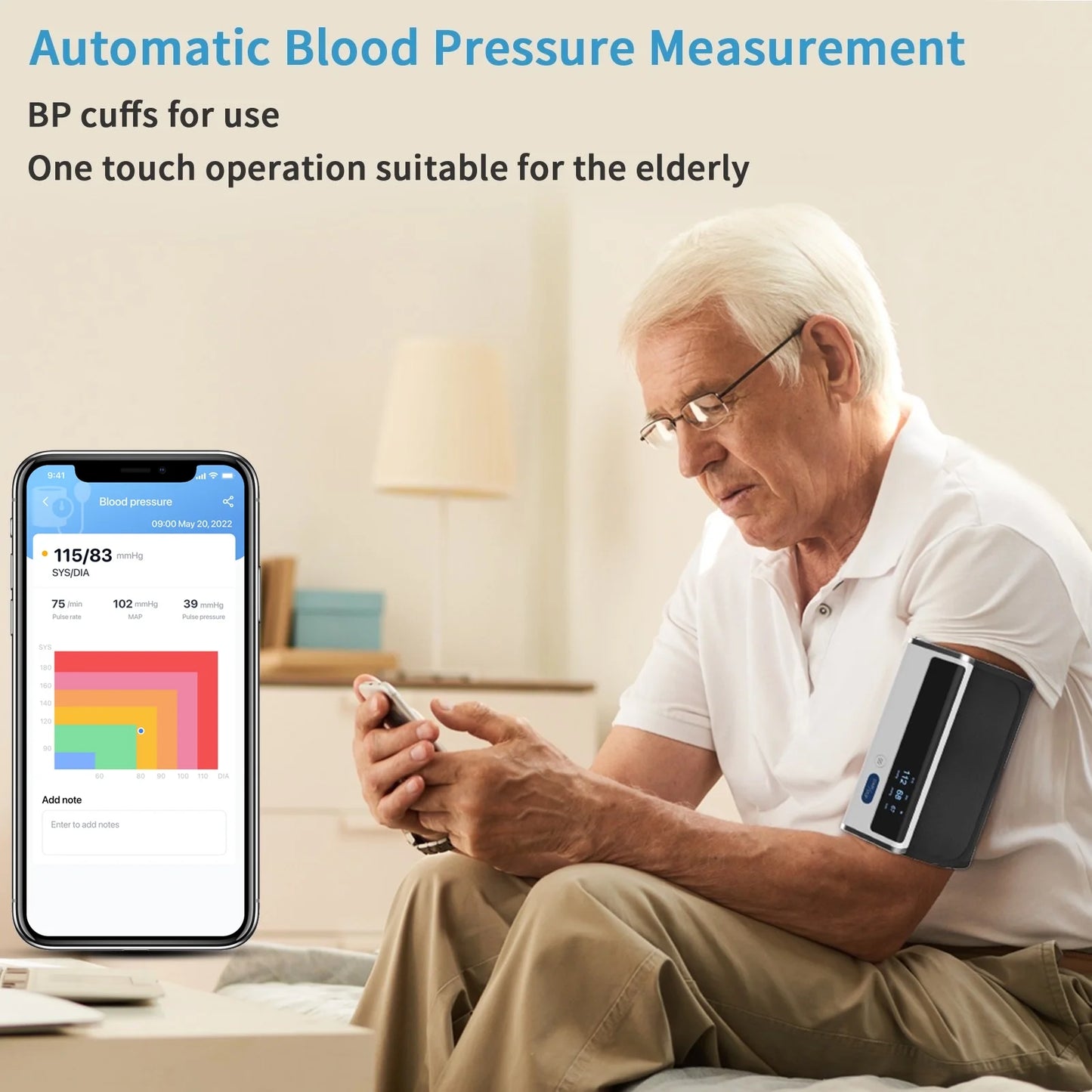 Man using a blood pressure monitor with a smartphone displaying blood pressure readings.

