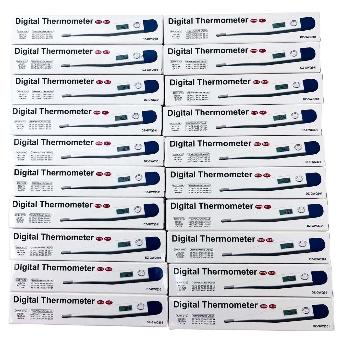Multiple boxes of digital thermometers stacked on a white background