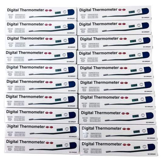 Multiple boxes of digital thermometers stacked on a white background