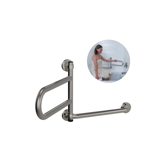 Stainless steel grab bar with inset showing its use in a bathroom.