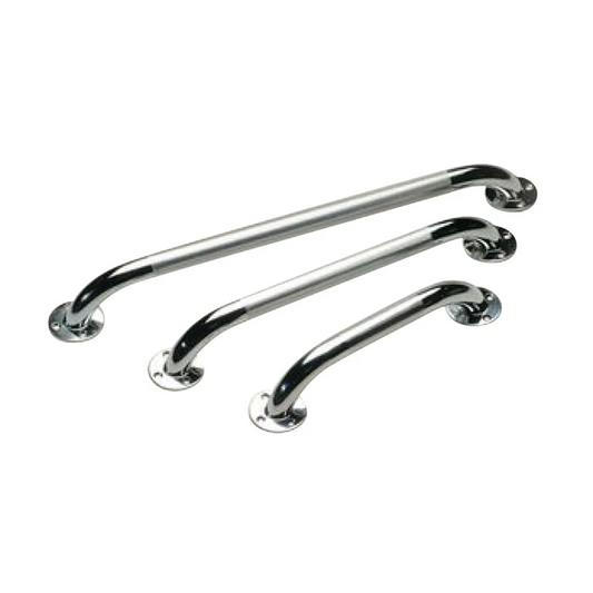 Three chrome grab bars on a white background