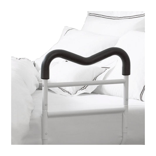Bed rail with black handle on a bed with white bedding